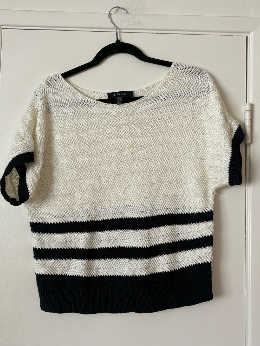 Ellen Tracy Dolman Sleeve Ivory & Navy Striped Short-Sleeve Sweater Size L
